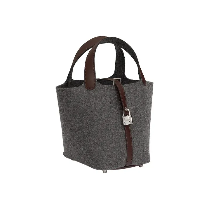 HERMES Picotin Lock Cow Leather Patchwork With Wool Basket Bag Handbag 18 Unisex Medium Grey/Havana-1