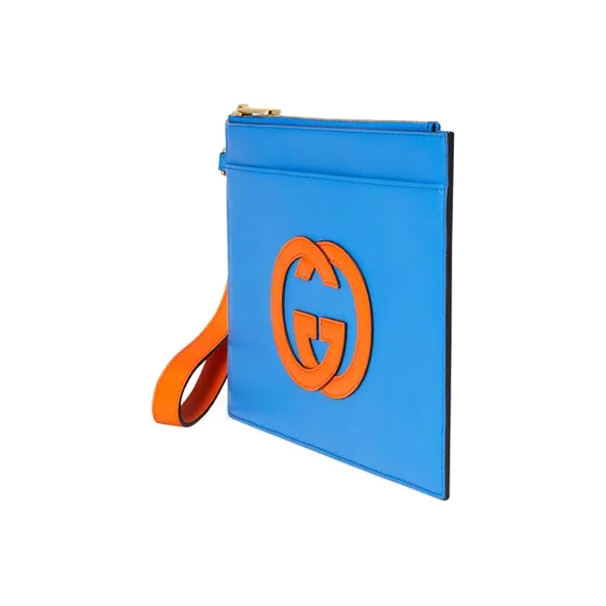 GUCCI Leather Wristband Clutch Unisex Blue/Orange-1