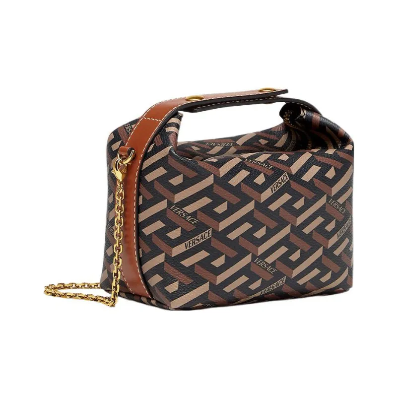 VERSACE La Greca Coated Canvas Handbag Mini Women's Black+Caramel-2