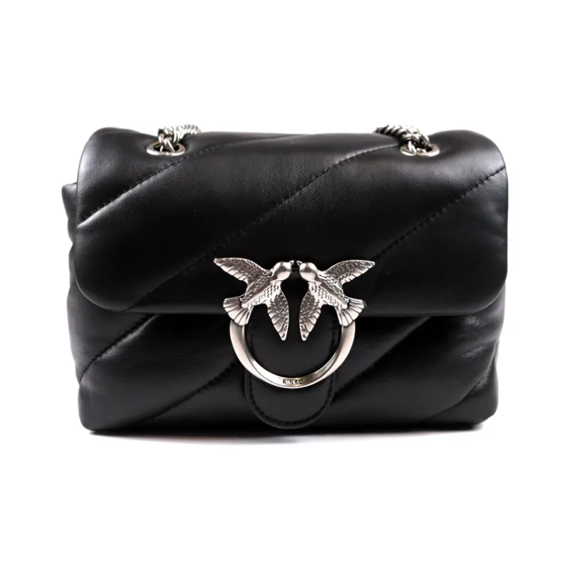 PINKO Puff Nappa Sheepskin Shoulder Bag, Crossbody Bag Mini Women's Black/Black Silver-0