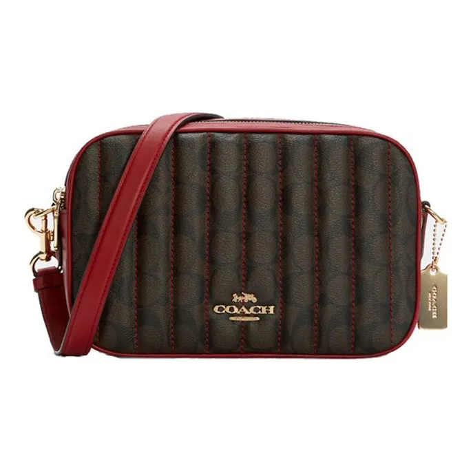 COACH Jes Coated Canvas With Smooth Leather Shoulder Bag Crossbody Bag Medium Size Women's Brown Red-0