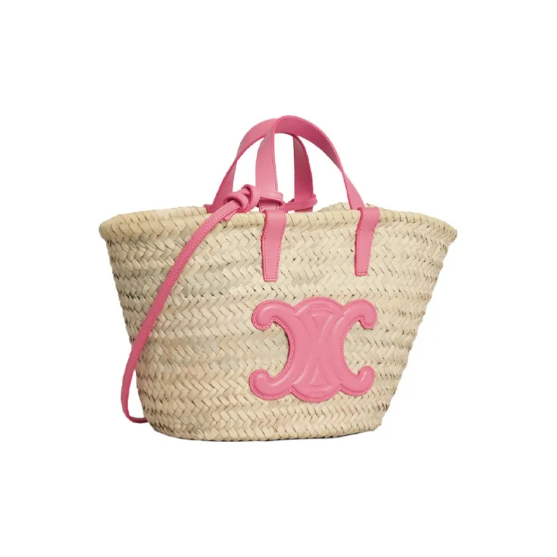 CELINE Triomphe Raffia And Bonded Leather Trim Tote Bag Straw Bag Shoulder Bag Crossbody Bag Handbag Women's Pink-1