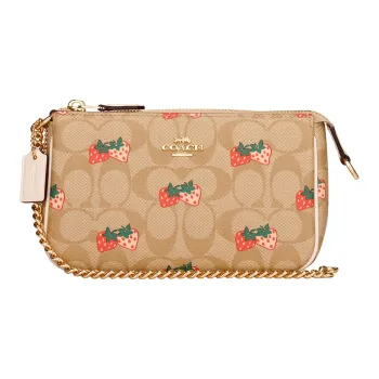 COACH Wristlet Leather Pochette, One Shoulder, Crossbody, Chain, Wrist Bag, Clutch Small Size Women's Khaki