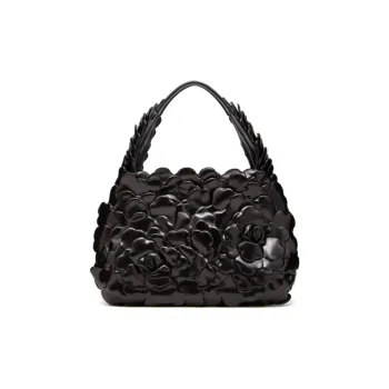 Valentino Atelier Leather Floral Hobo Bag Dumpling Bag One Shoulder Handbag Small Size Women's Black