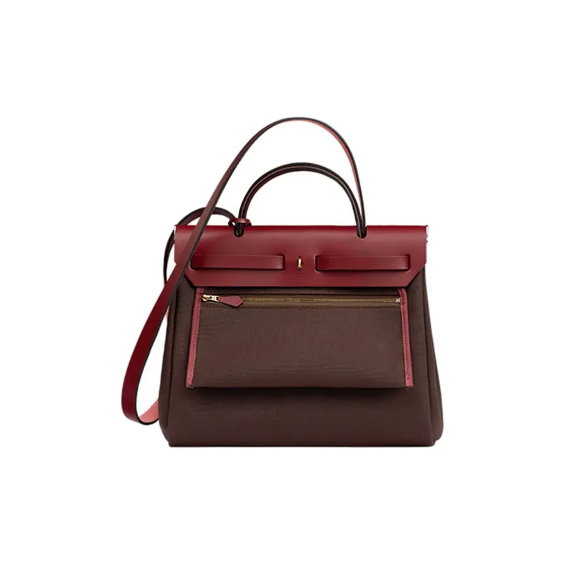 HERMES Herbag Cowhide Patchwork Canvas Handbag Shoulder Bag Crossbody Bag Chocolate With Hermès Red Accents-1