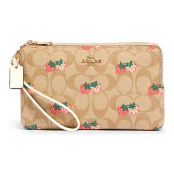 COACH Double Zip Wallet Canvas Clutches Wallets Women's Light Khaki