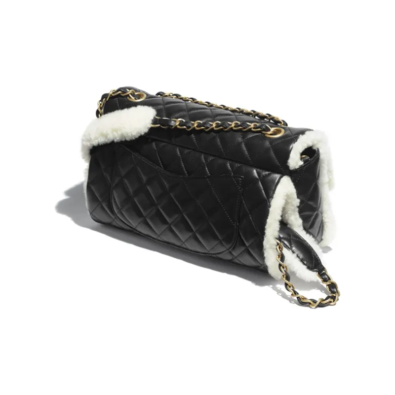 CHANEL Lambskin Chain Shoulder Bag, Crossbody Bag Women's Black/White-2