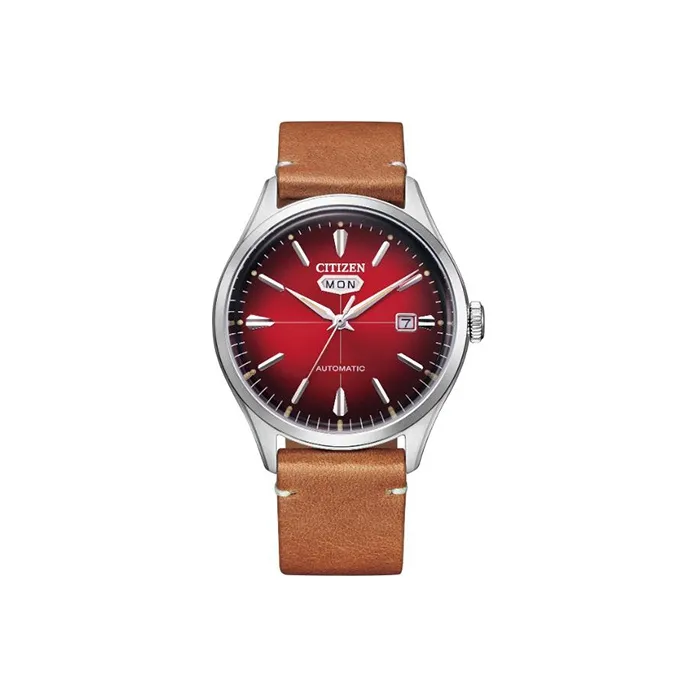 CITIZEN Mechanical Movement Cowhide Strap Watch Men's Watch Red Watch Dial-0