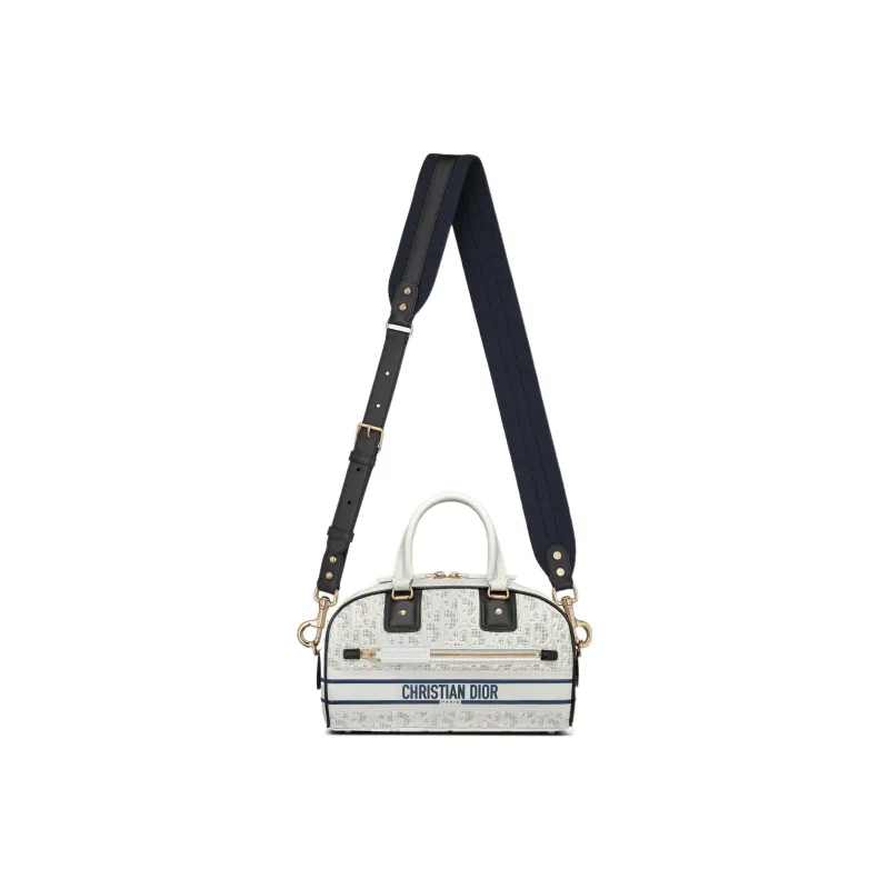 DIOR Cow Leather Bowling Bag, Shoulder Bag, Crossbody Bag, Handbag Women's White & Blue-3