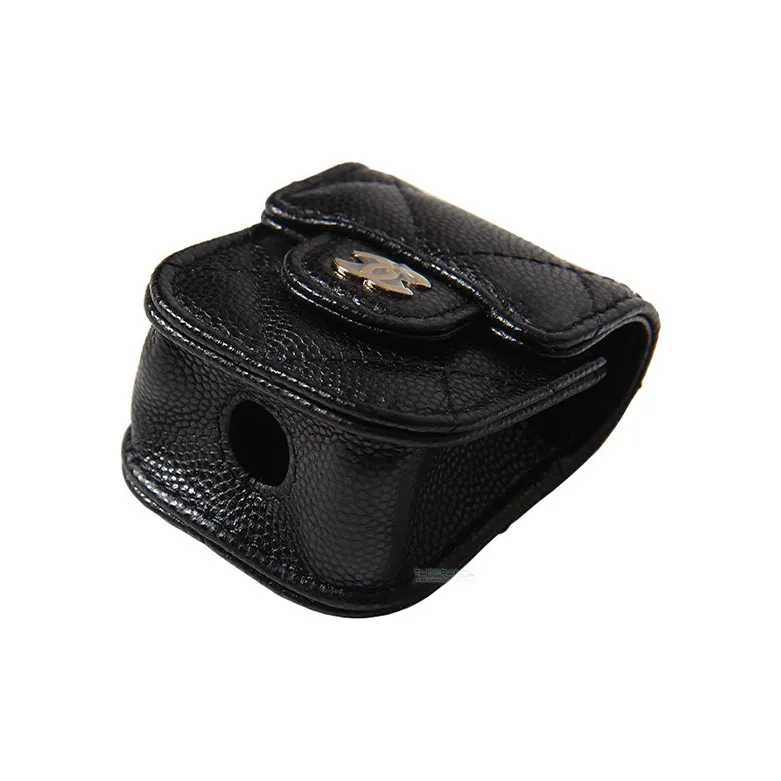 CHANEL Caviar Grain Embossed Shiny Calfskin With Gold Metal AirPods Headphone Case, Clutch, Crossbody Bag Women's Black-2