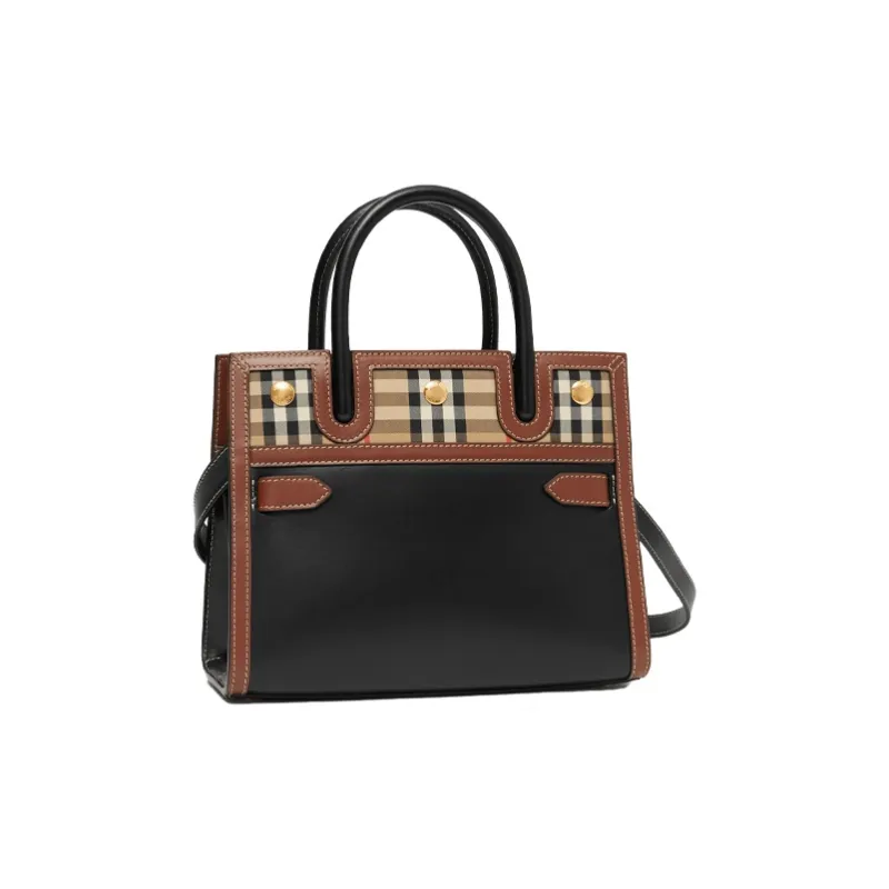 Burberry Leather And Vintage Check Two handle Title Bag Mini Black/Multi-2