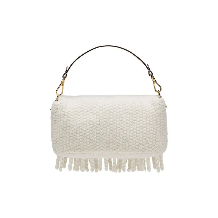 FENDI Baguette Wool Baguette Bag One Shoulder Handbag Crossbody Bag Medium Size Women's White-3