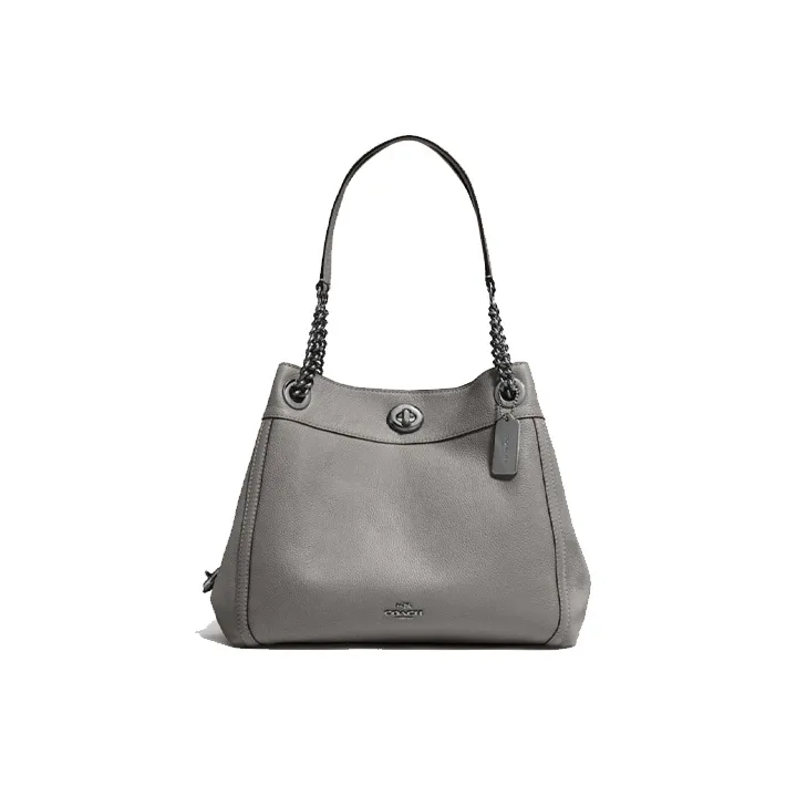 COACH Turnlock Leather Chain Bag, Shoulder Bag, Crossbody Bag Women's Gray-0