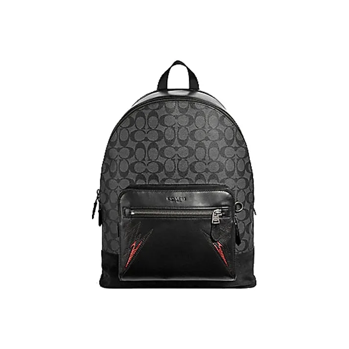COACH West Monogram Canvas With Leather Suede Leather And Calfskin Backpack Large Size Men's Black Gray-0