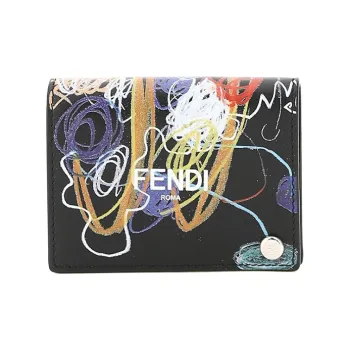 FENDI Calfskin Card Clip Card Holder Men's Black & Multicolor