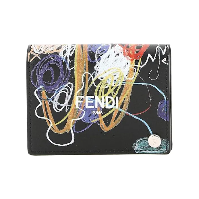 FENDI Calfskin Card Clip Card Holder Men's Black & Multicolor-0