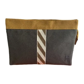 HERMES Fabric Toiletry Bag Clutch Women's Gray/Yellow Brown