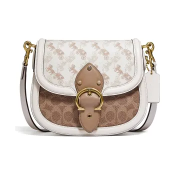 COACH Beat Canvas With Leather Saddle Bag, Shoulder Bag, Crossbody Bag Small Size Women's White Brown