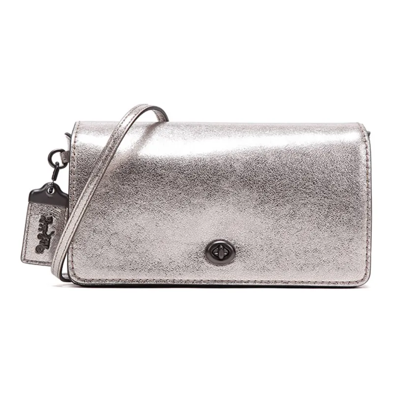 COACH Dinky Leather Flap Bag, Crossbody Bag, Shoulder Bag Medium Size Women's Platinum-0