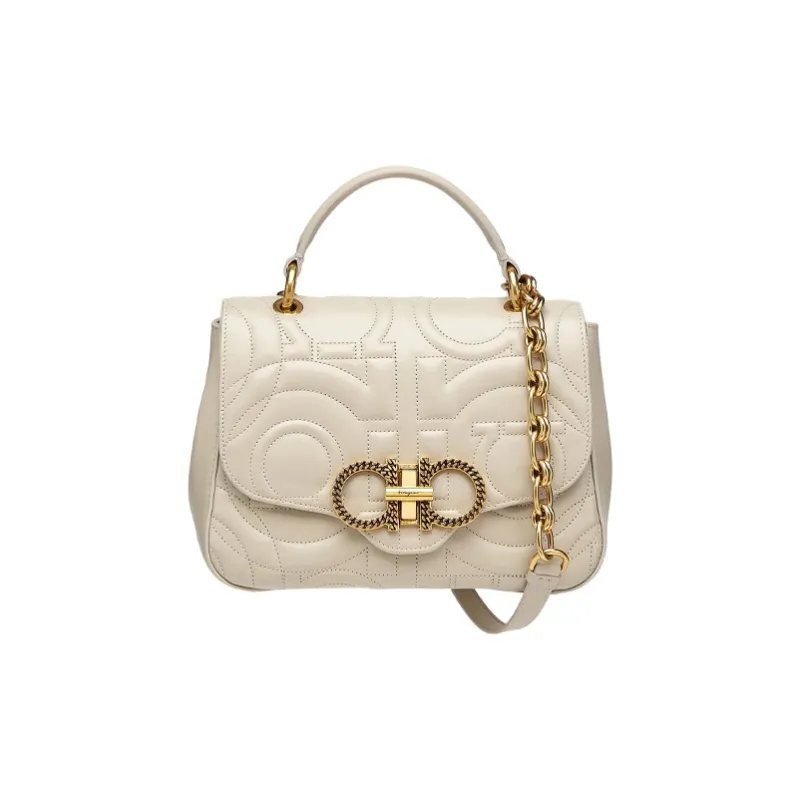 FERRAGAMO GANCINI Calfskin Camera Bag Portable Crossbody Bag Shoulder Bag Small Size Women's Ivory/Peony White-0