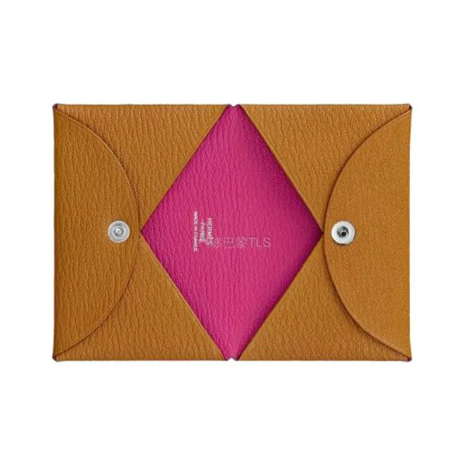 HERMES Calvi Sheepskin Coin Purse Card Holder Wallet Women's Caramel Rose Pink-1