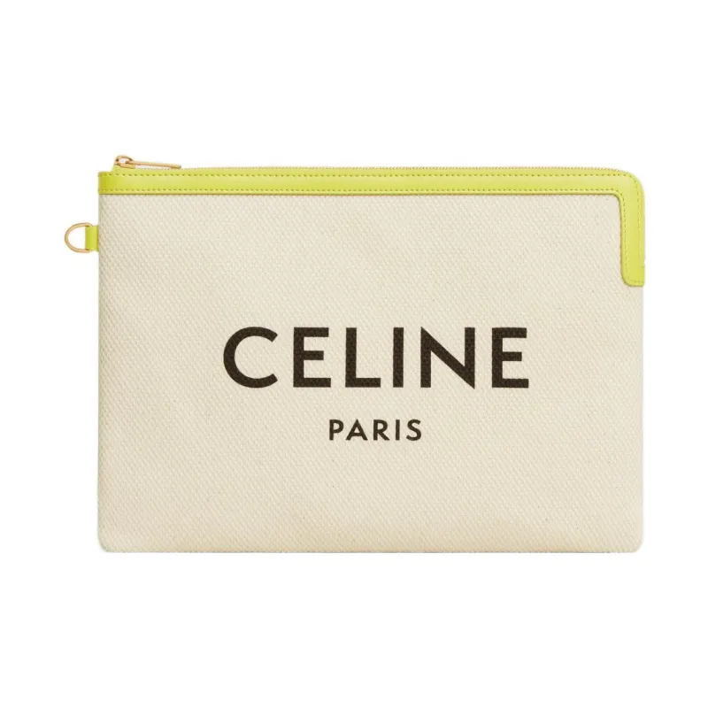 CELINE Cow Leather With Fabric Portable Clutch Small Size Women's Beige Yellow-1