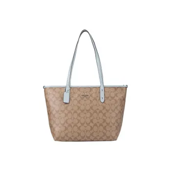 COACH City Zip Tote Artificial Leather Shoulder Bag Women's Khaki Light Blue
