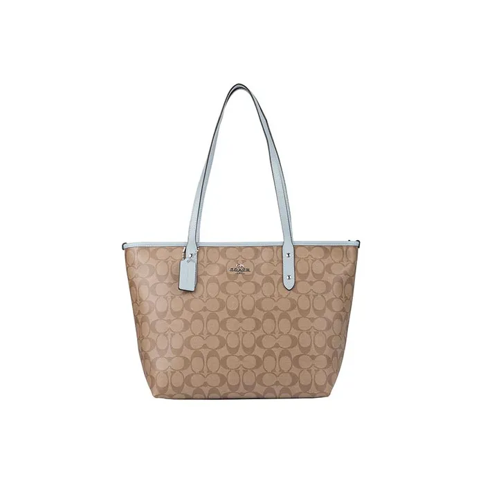 COACH City Zip Tote Artificial Leather Shoulder Bag Women's Khaki Light Blue-0