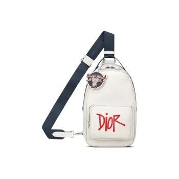 DIOR × SHAWN Collaboration Grained Calfskin Sling Bag Shoulder Bag Crossbody Bag Men's White