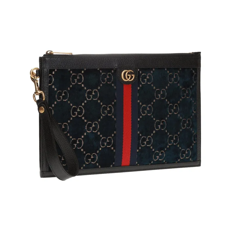 GUCCI Velvet Patchwork Leather Clutch Women's Dark Blue-1