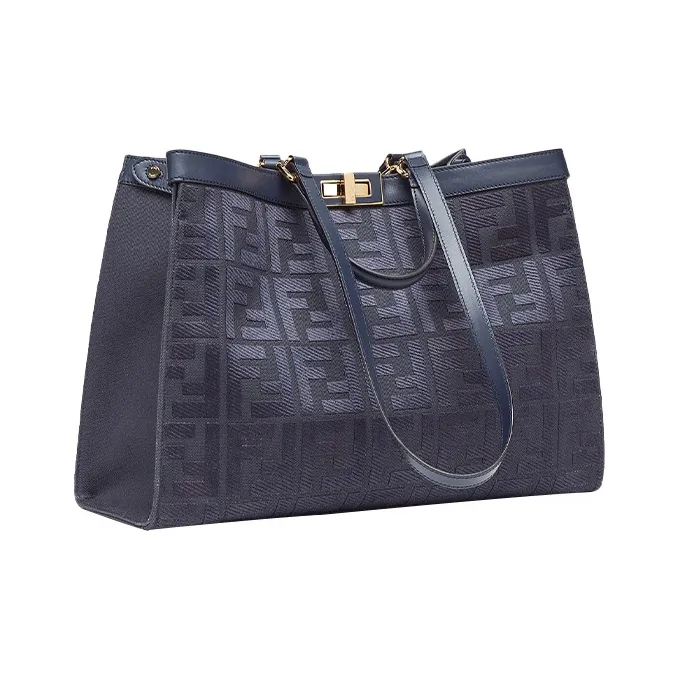 FENDI Peekaboo Canvas With Leather One Shoulder Handbags Medium Size Women's Dark Blue-1