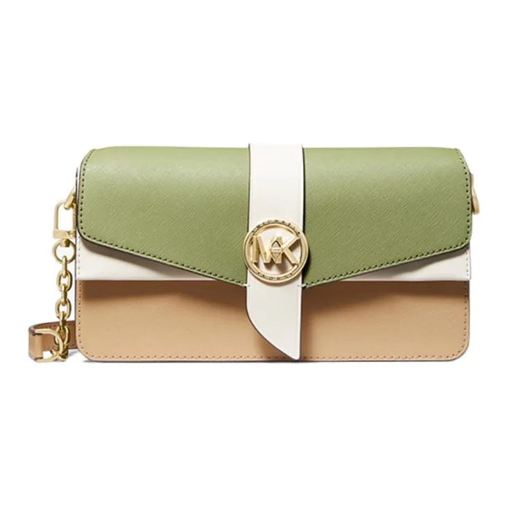 MICHAEL KORS Greenwich Cow Leather Shoulder Bag, Crossbody Bag Medium Size Women's Camel & Fruit Green-0