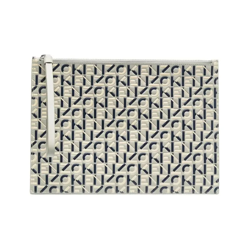 KENZO Letter Logo Cow Leather Clutch Women's Black White Gray-0