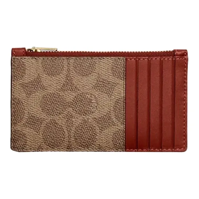 COACH Card Case Canvas With Leather Card Clip Zero Wallet Card Holder Unisex Brown-1