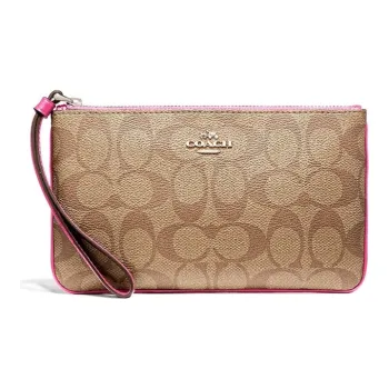 COACH Wristlet Monogram Canvas With Leather Clutch Wrist Bag Pochette Women's Rose Red & Brown Monogram