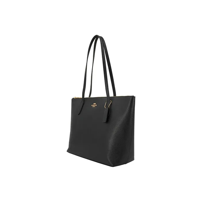 COACH Zip Top Tote Leather Tote Bag, Shopping Bag, Handbag, Shoulder Bag Regular Women's Pure Black-1