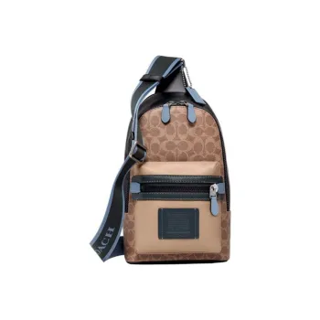 COACH Academy Canvas With Leather Sling Bags Crossbody Bags Medium Size Men's Khaki & Dark Blue