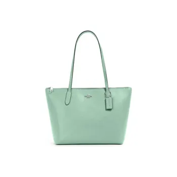 COACH Zip Top Tote Leather Tote Bag One Shoulder Handbag Medium Size Women's Washable Green