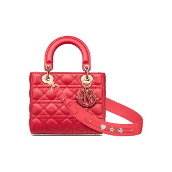 DIOR Sheepskin Lady Dior Bag, One Shoulder Handbag Small Size Women's Raspberry Red