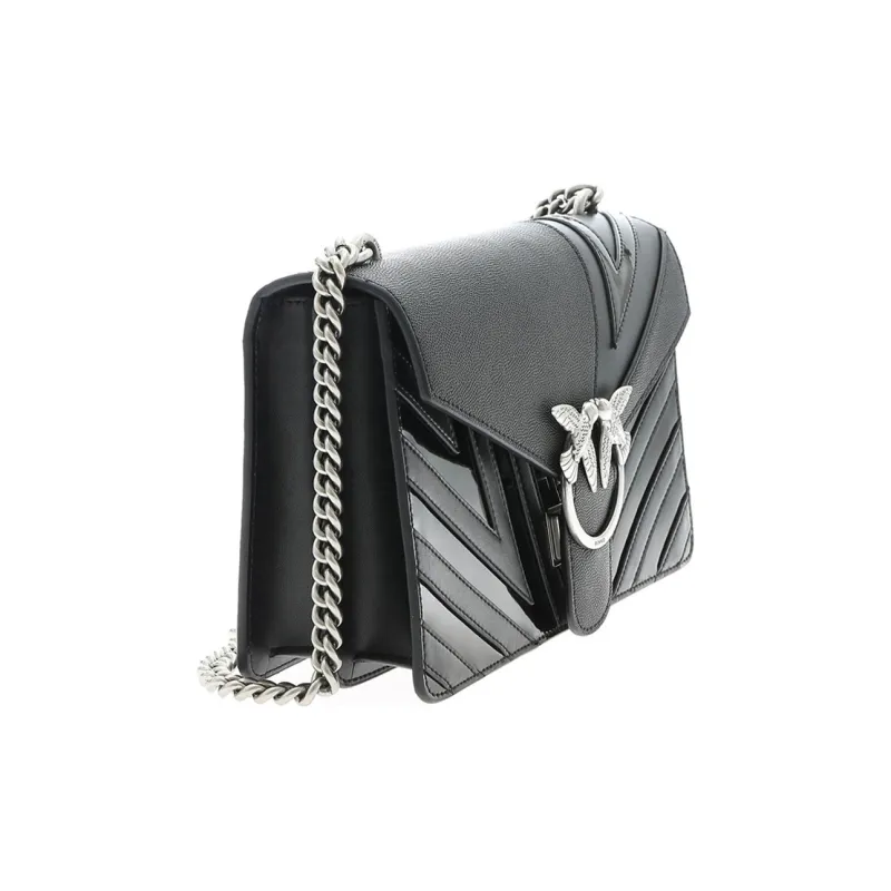 PINKO Patent Leather Patchwork Cow Leather Swallow Bag, Crossbody Bag Medium Size Women's Black-1