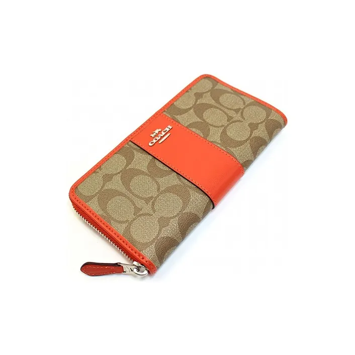 COACH Accordion Zip Canvas With Leather Clutches Wallets Women's Orange Stacked Brown Monogram-1