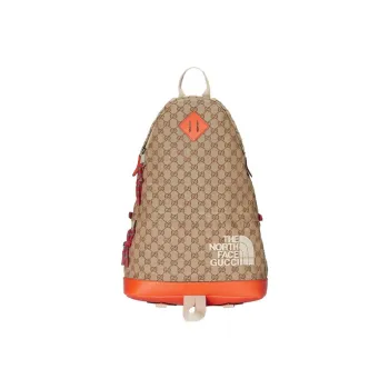 GUCCI Canvas With Leather Backpack Unisex Ebony/Beige/Orange