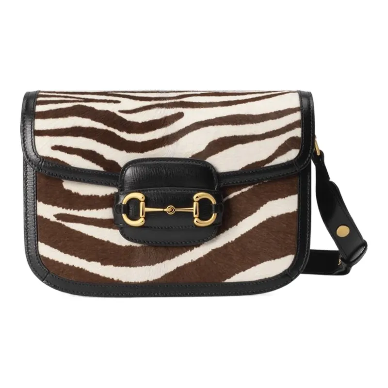 GUCCI Horsebit 1955 Calf Hair Patchwork Leather Saddle Bag Crossbody Shoulder Bag Small Size Women's Brown & White-0