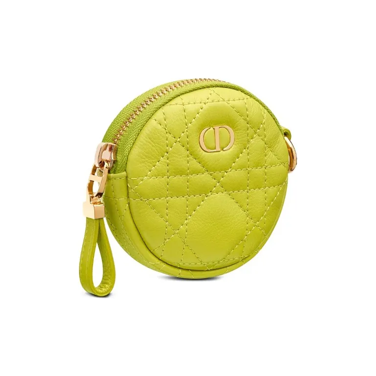 DIOR Cow Leather Wicker Pattern Coin Purse, Clutch Women's Green Yellow-1