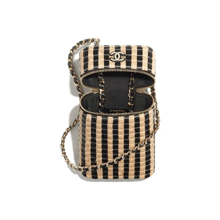 CHANEL Fiber & Yellow Jute Thread & Metal Chain Cell Phone Pouch Women's Black/Beige-3