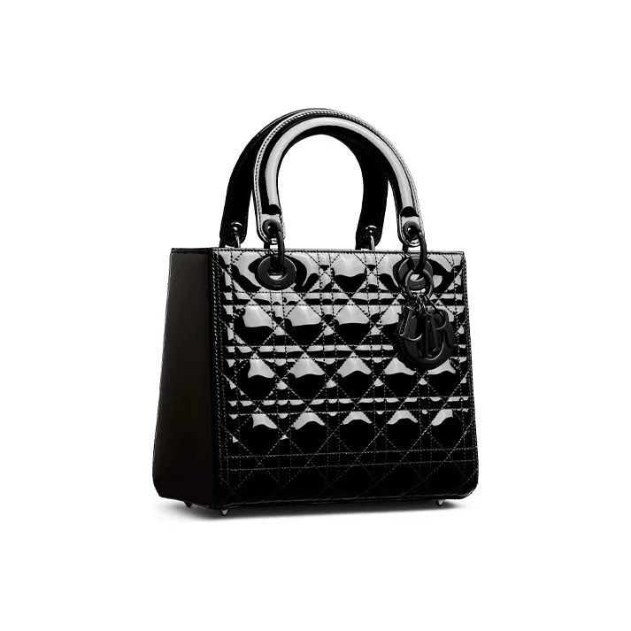 DIOR Lady Dior Shiny Patent Leather Cow Leather One Shoulder Handbag Crossbody Bag Medium Size Women's Pure Black-1