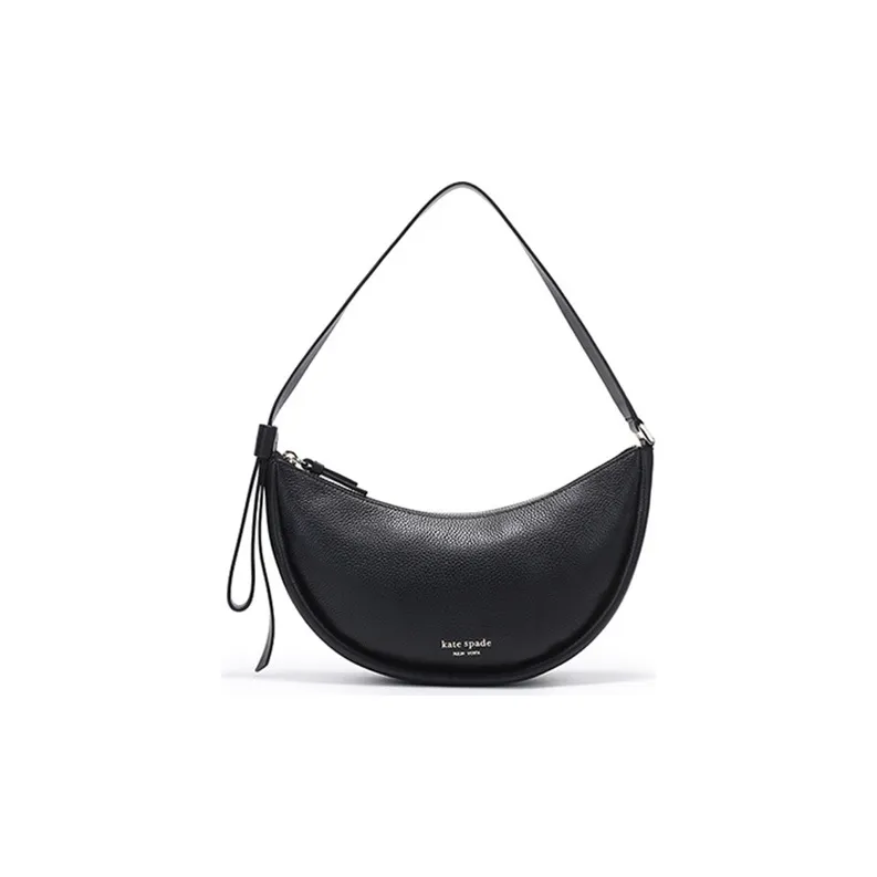 Kate Spade Smile Cow Leather Shoulder Bag, Crescent Bag, Shoulder Bag Small Size Women's Black-0