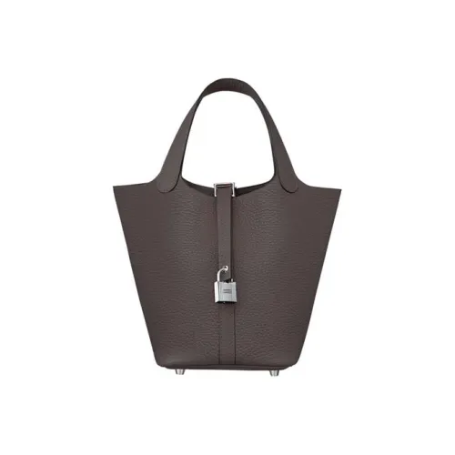 HERMES Clemence Bullock Leather Basket Bag Handbag Bucket Bag 18 Women's Ebony