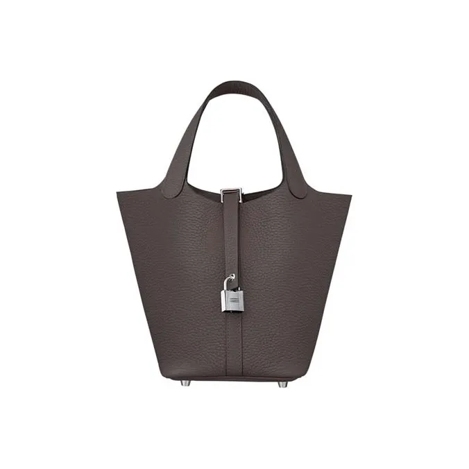 HERMES Clemence Bullock Leather Basket Bag, Bucket Bag, Handbag 18 Women's Ebony-0