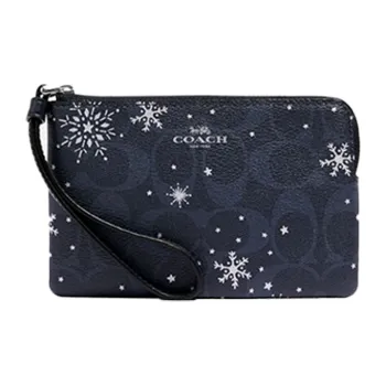 COACH Corner Zip Leather Snowflake Pattern Clutch Wrist Bag Pochette Women's Blue